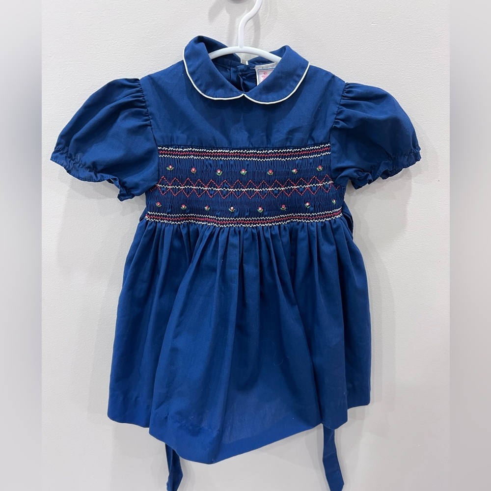 Vintage 2T Smocked Dress Navy Blue Puff Sleeve Peter Pan Collar